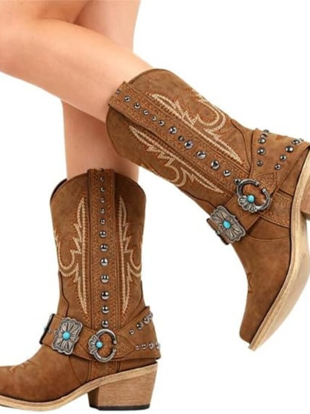 Women's Brown Ankle High Block Heel Pointed Toe Cowboy Rodeo Concert Boot - Picture 2 of 6